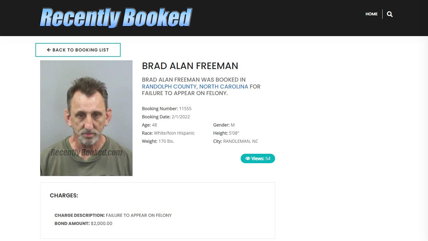 Recent Booking / Mugshot for BRAD ALAN FREEMAN in Randolph ...